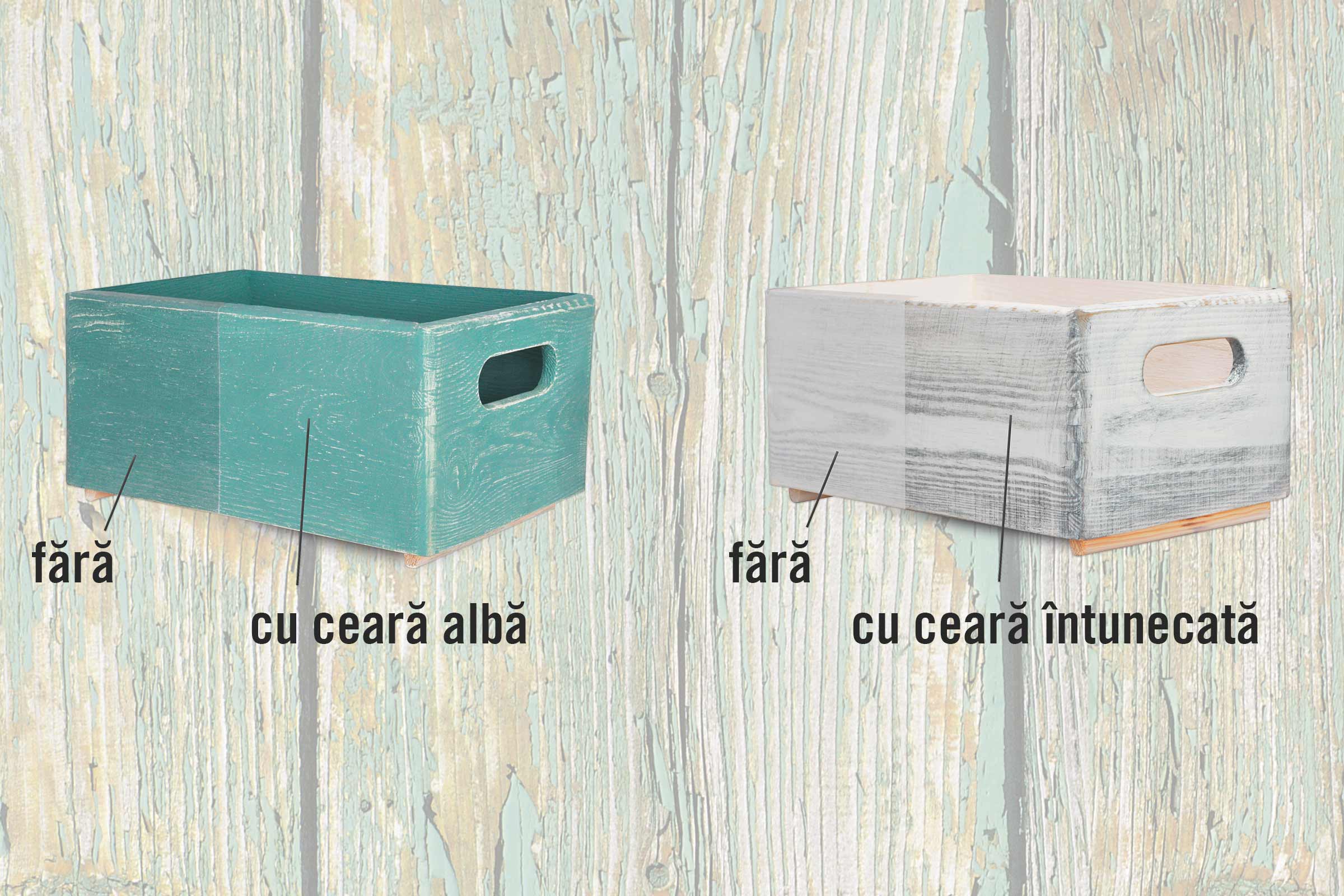 Două cutii din lemn, una netratată și una cu ceară