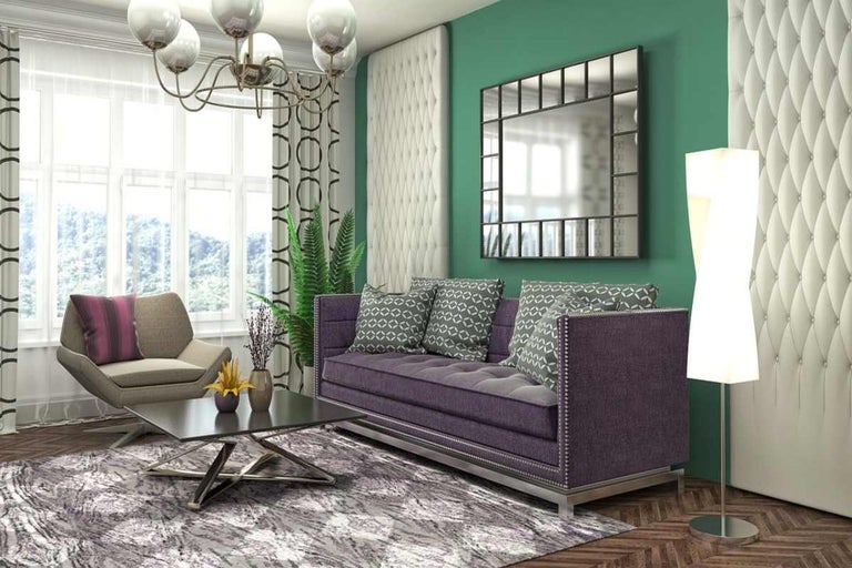 Living cu canapea, fotoliu, măsuță de cafea, lampadar și oglindă