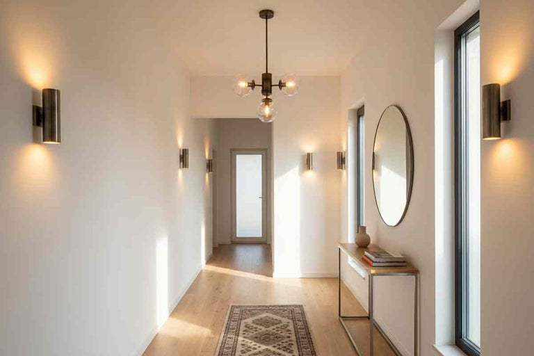 Hol modern cu aplice cilindrice, candelabru cu globuri din sticlă, oglindă rotundă și masă consolă pe pardoseală din lemn deschis.