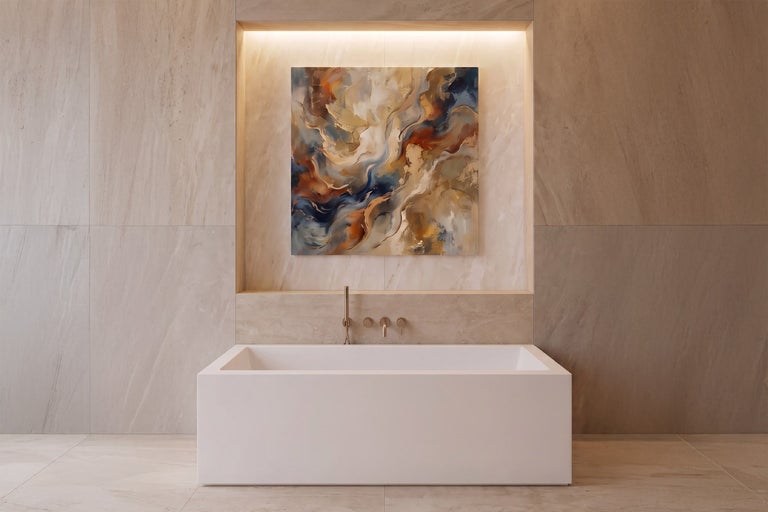 Baie modernă cu cadă albă de sine stătătoare, faianță bej și nișă iluminată cu un tablou abstract.