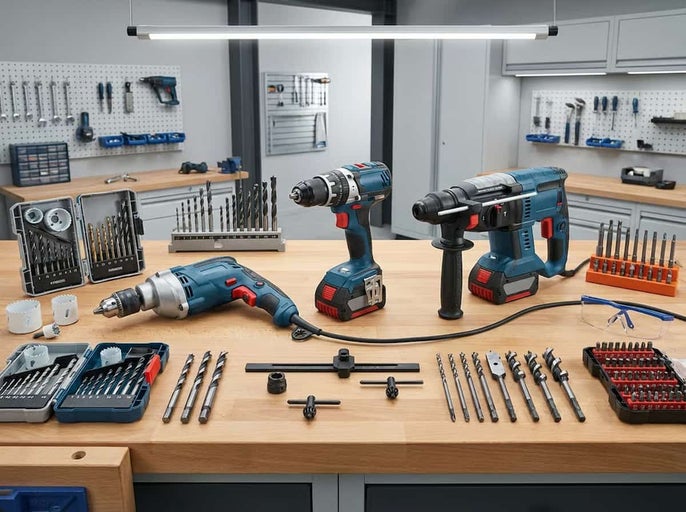 Diverse scule electrice, cum ar fi mașini de găurit și ciocane rotopercutoare, cu seturi de burghie pe un banc de lucru din lemn în atelier.