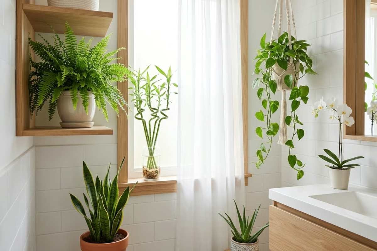 Baie luminoasă cu plante de interior precum ferigă, sansevieria, orhidee pe lavoar și plantă agățătoare pe faianță albă.