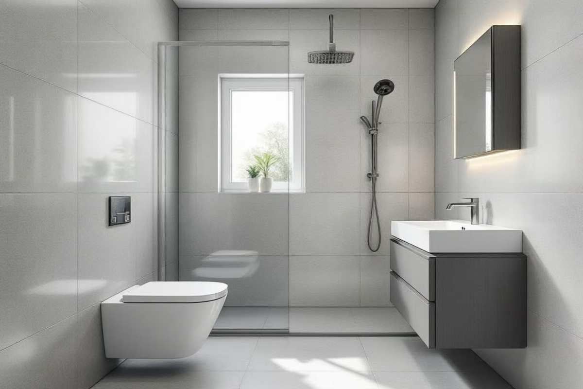 Baie modernă cu duș la nivelul solului, WC suspendat și dulap sub lavoar cu lavoar în design minimalist cu plăci de ceramică gri.