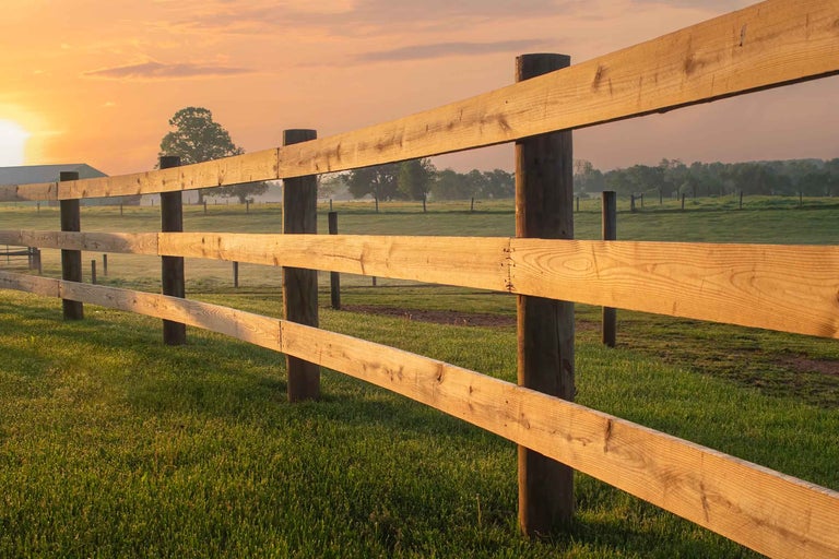 Gard din lemn într-o pajiște în lumina dimineții