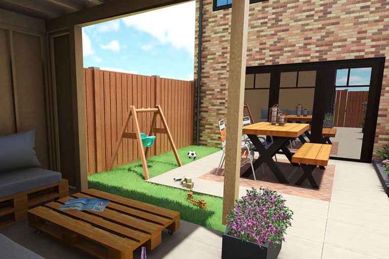 Amenajare modernă de grădină cu mobilier din lemn, leagăn pentru copii pe iarbă și zonă de luat masa pe terasă pavată.