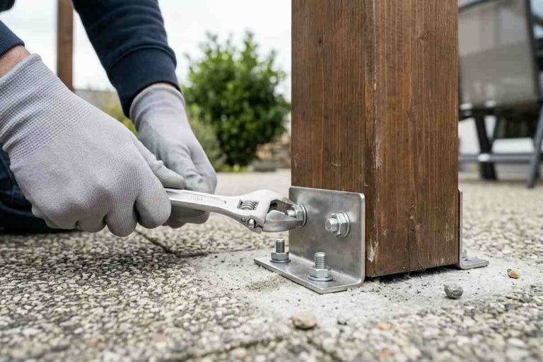 Persoană care strânge un șurub la un suport metalic pentru stâlp de lemn folosind o cheie reglabilă pe o suprafață de beton.