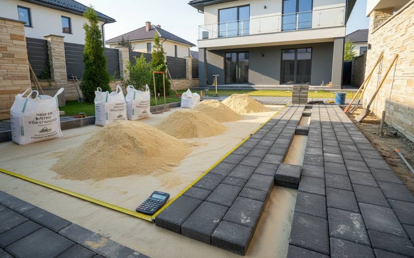 Lucrări de pavaj în grădină cu pavele, nisip și unelte
