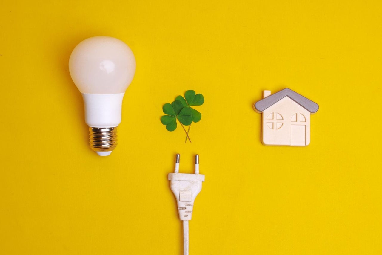 Bec, priză, trifoi și model de casă pe fundal galben
