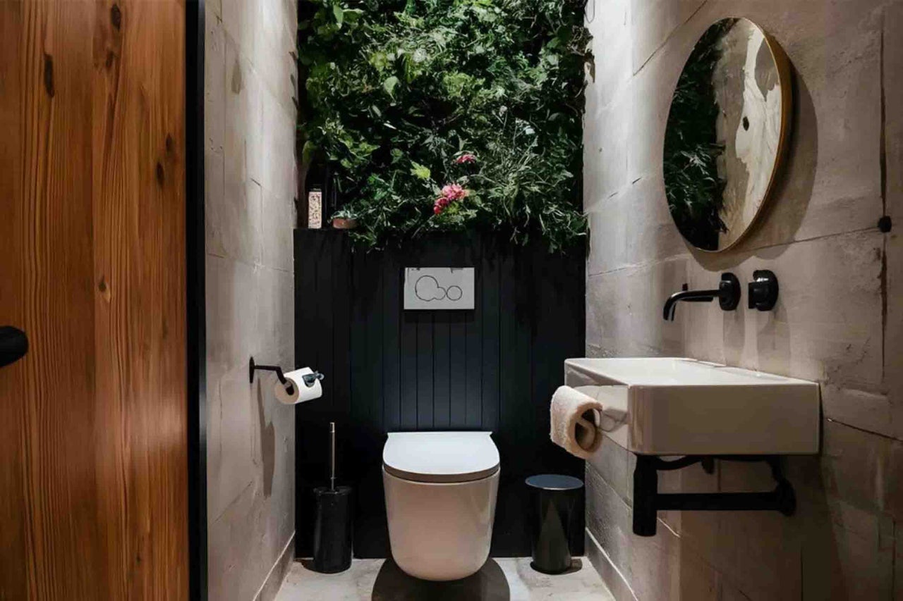 Toaletă modernă pentru oaspeți cu WC suspendat, perete vegetal deasupra lambriului negru și lavoar alb cu baterie neagră.