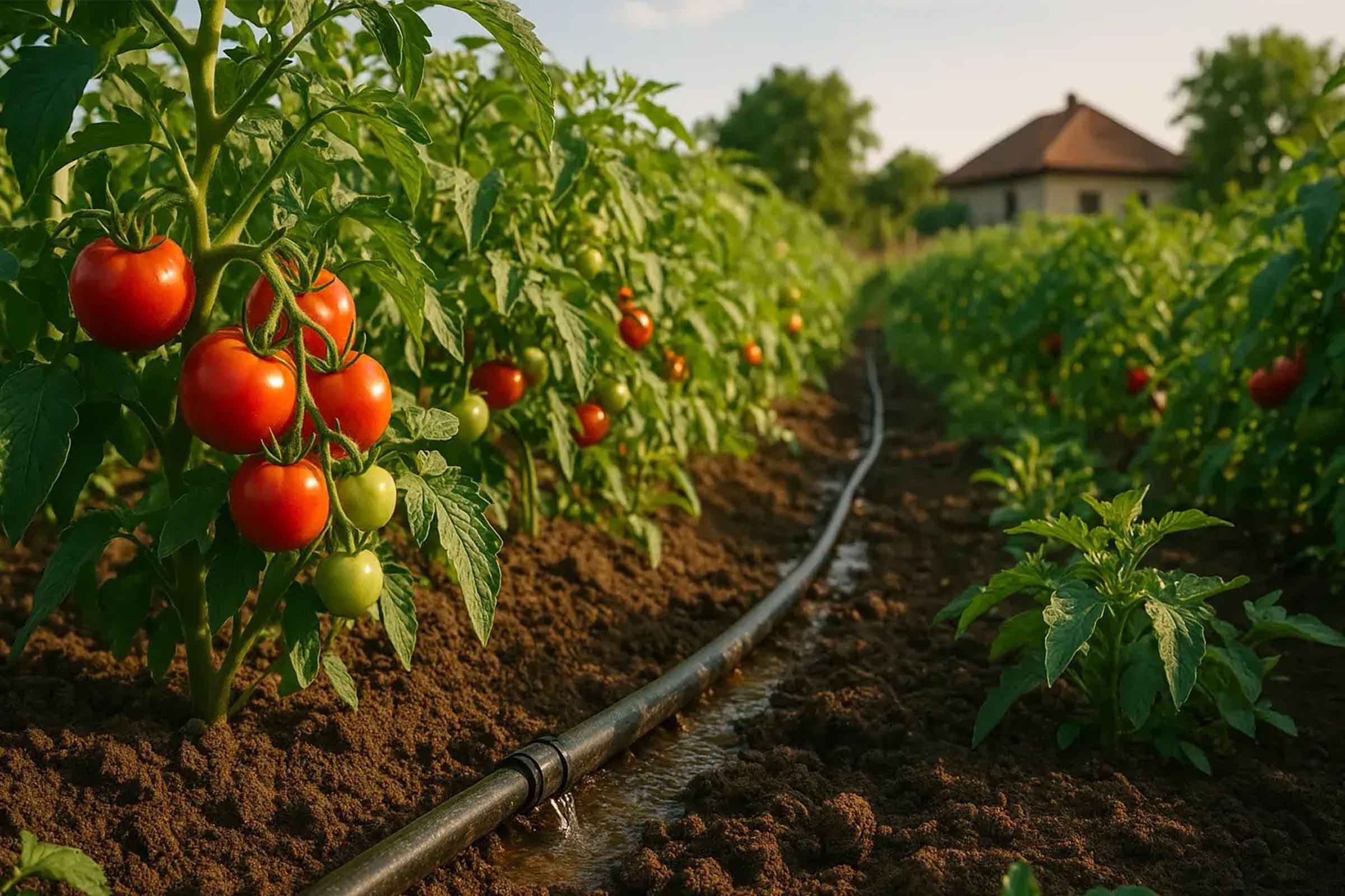Rând de plante de tomate cu furtun de irigare în grădină