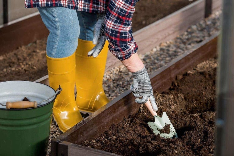 Persoană care plantează cu o lopată mică într-un strat înălțat lângă o găleată.