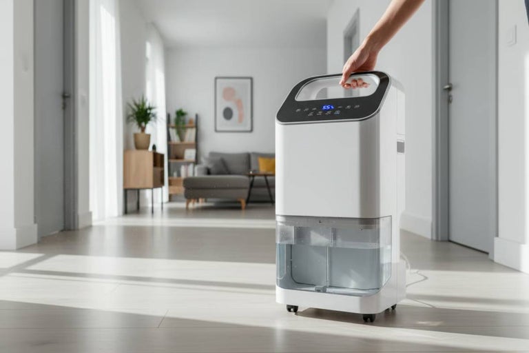 Dezumidificator de aer într-un living luminos cu o mână pe mâner