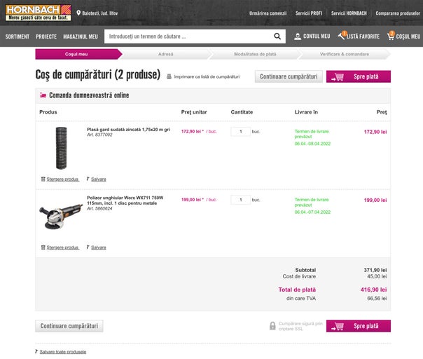 Captură de ecran a coșului de cumpărături de pe site-ul Hornbach cu articolele plasă de sârmă și polizor unghiular.