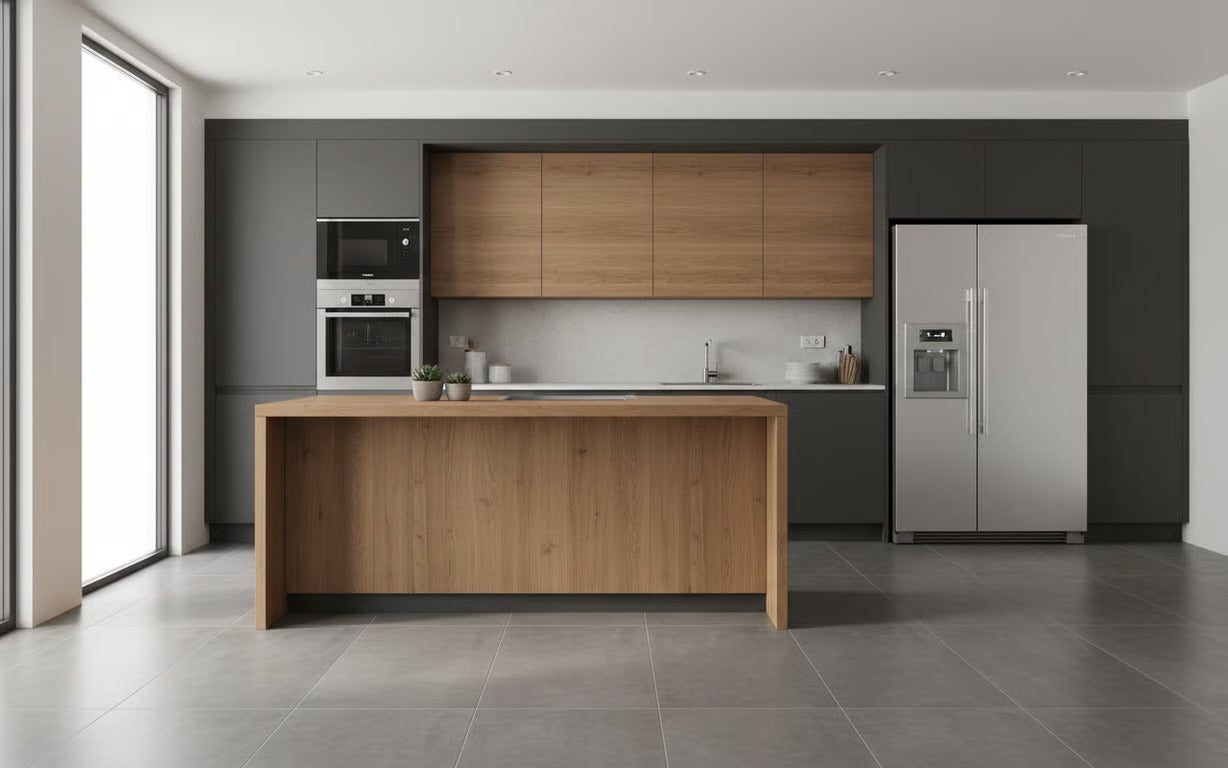 Bucătărie luminoasă cu insulă de gătit, cuptor încorporabil, cuptor cu microunde și combină frigorifică