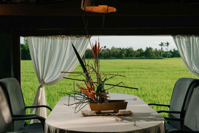Masă aranjată cu aranjament floral într-o cameră cu vedere spre un câmp verde