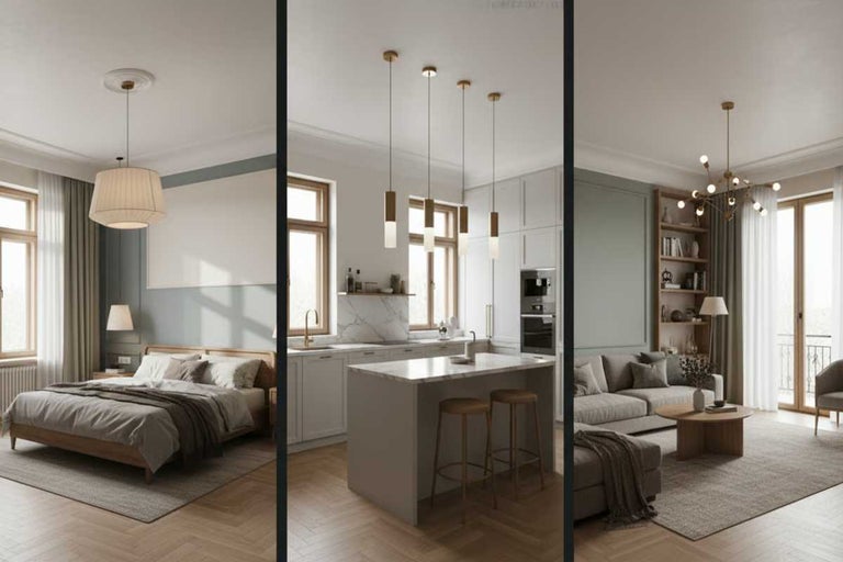 Vedere a unui dormitor, bucătărie și living într-o casă modernă.