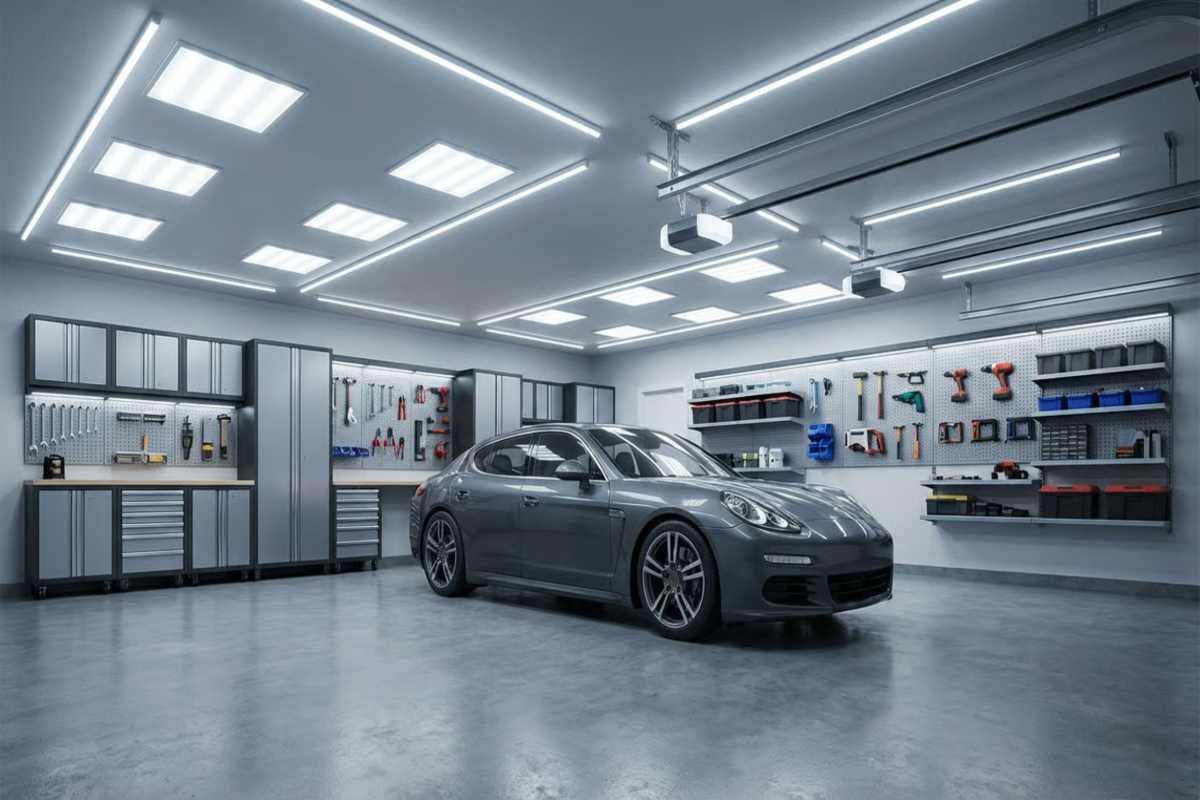 Garaj cu perete pentru scule, dulapuri de atelier, sistem de acționare a ușii de garaj și iluminat