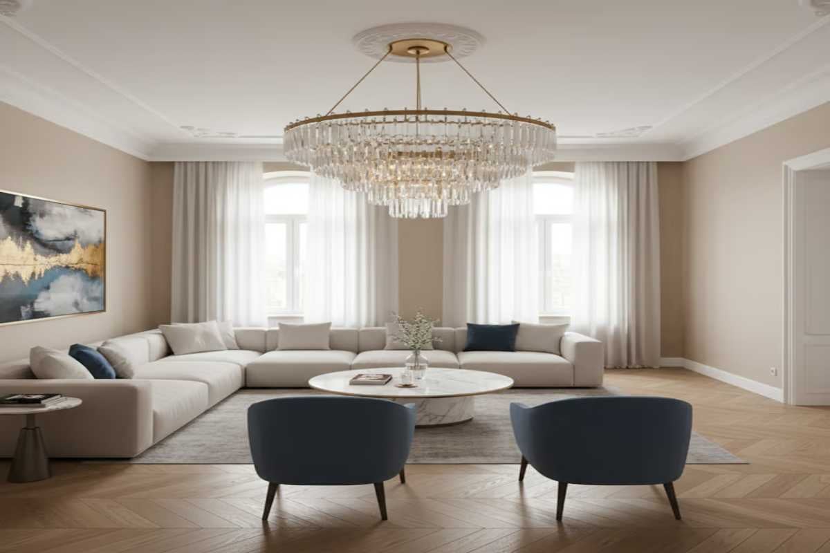 Cameră de zi cu canapea, fotolii și lustră de cristal