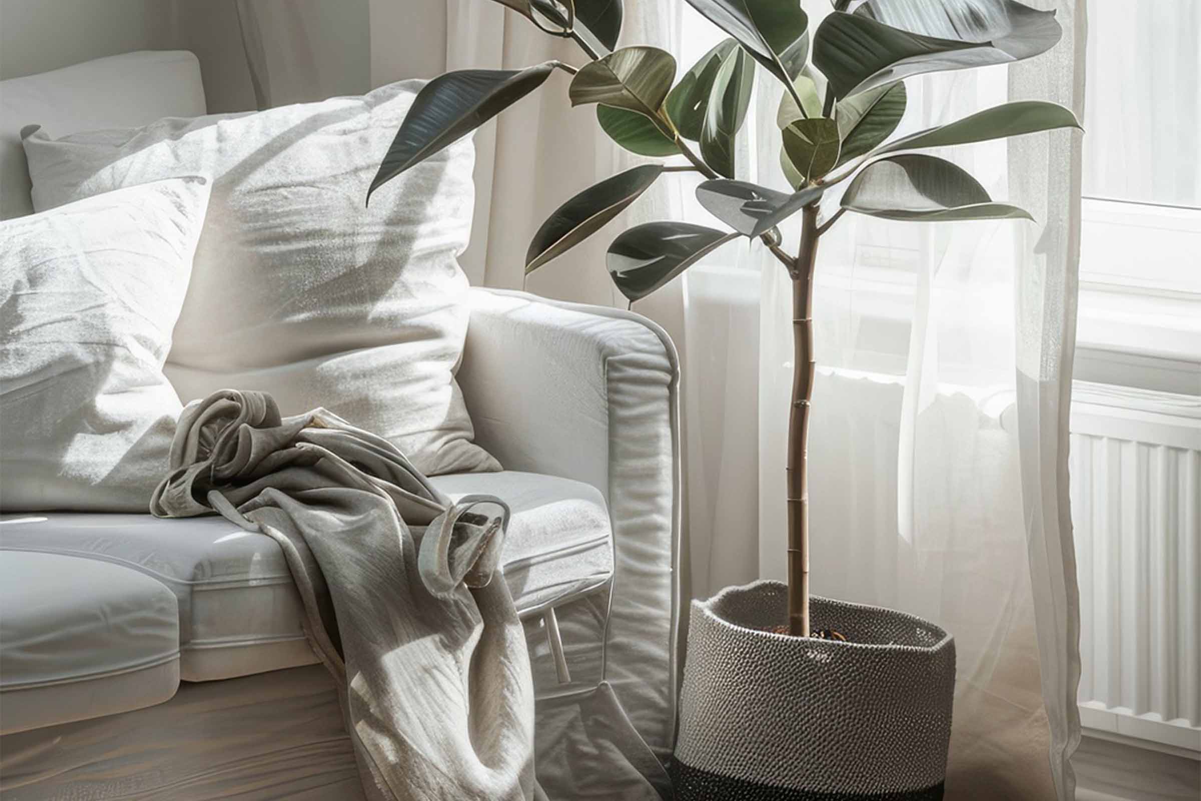 Amenajare interioară luminoasă cu canapea, plantă de interior și textile pentru designul spațiului de locuit
