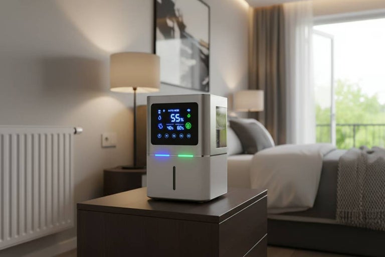 Umidificator în dormitor pe o noptieră