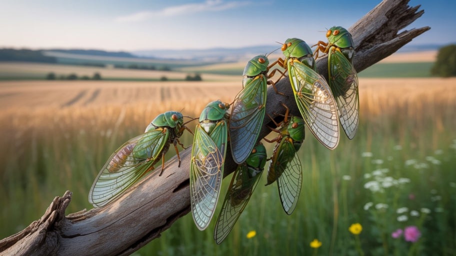 Mai multe cicade stau pe o ramură în aer liber.