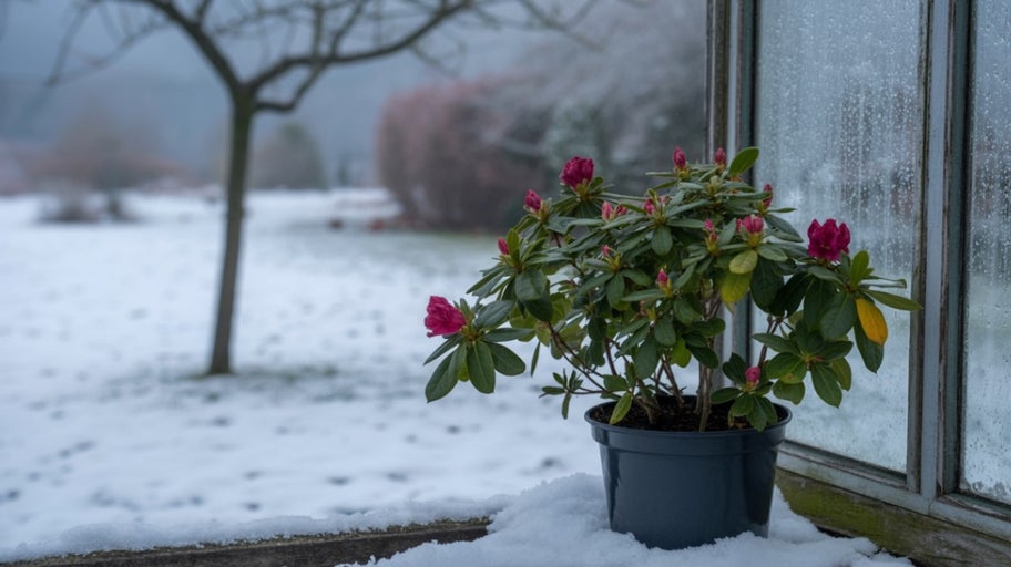 Scenă de iarnă cu plantă la ghiveci la fereastră și grădină înzăpezită