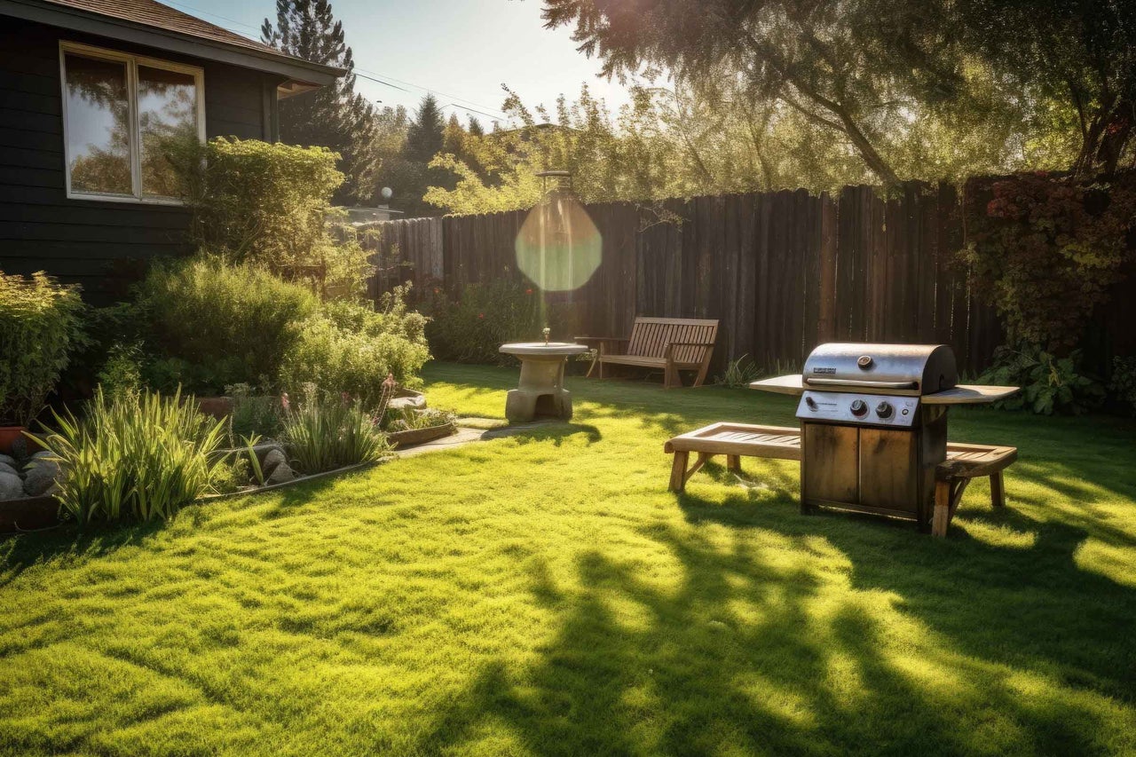Grădină cu gazon, grătar și locuri de ședere.