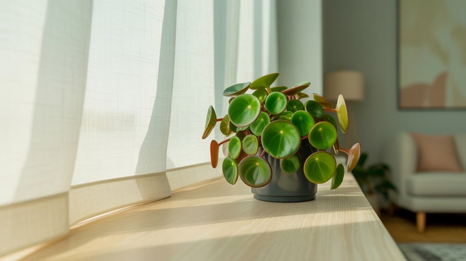 Plantă Pilea într-un ghiveci pe pervazul ferestrei