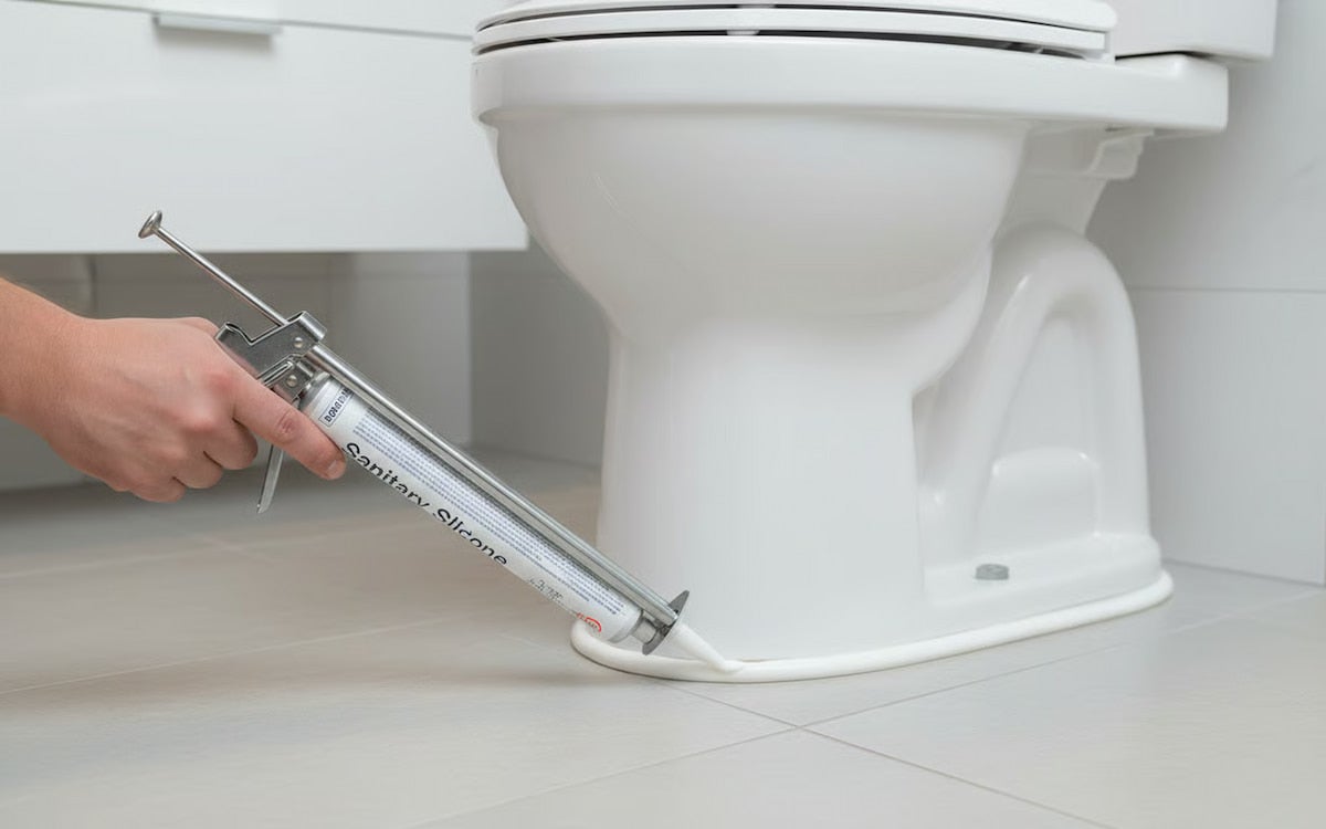 Aplicarea siliconului sanitar la baza unui vas de toaletă folosind un pistol de silicon într-o baie.