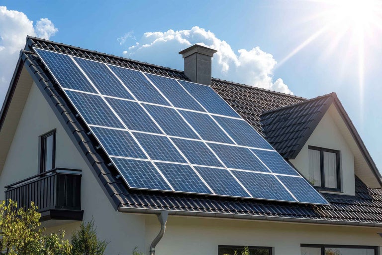 Acoperișul casei cu sistem de panouri solare instalat pentru producerea de energie electrică