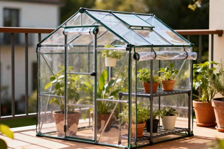 Seră mică din folie pentru balcon sau terasă cu cadru verde și rafturi, conținând diverse plante în ghivece.