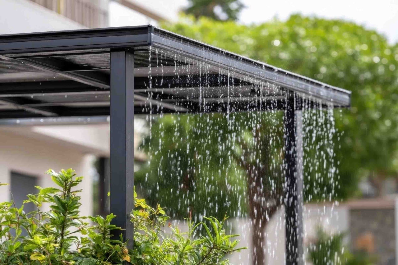 Acoperiș de terasă din aluminiu cu apă de ploaie care curge de pe marginea acoperișului.