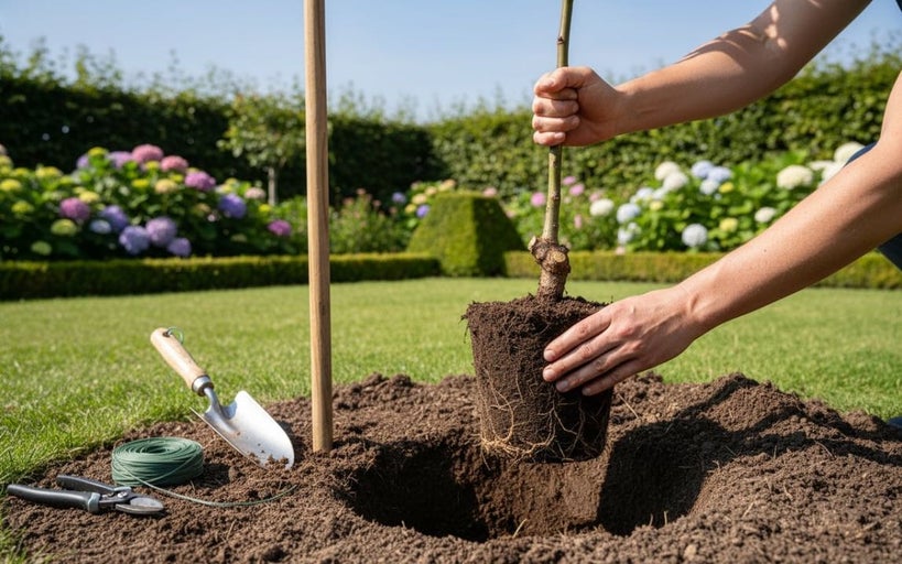 Plantarea unui copac cu unelte de grădină într-o grădină