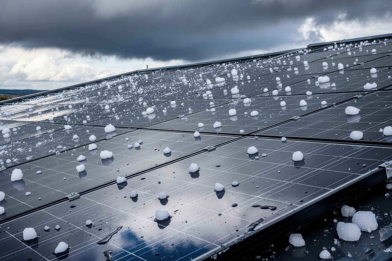 Panouri solare pe un acoperiș acoperite cu boabe de grindină după o furtună sub un cer întunecat.