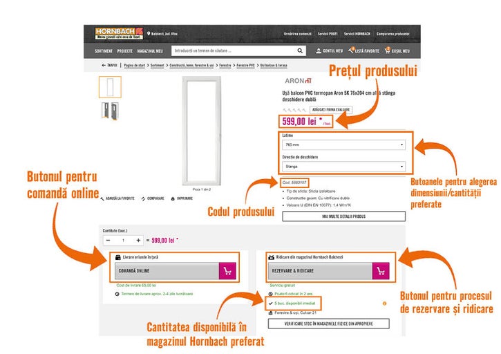 Pagina de produs pentru o ușă de balcon albă din PVC cu geam termopan de la Aron, incluzând prețul, detaliile produsului și opțiunile de comandă pe site-ul web Hornbach.