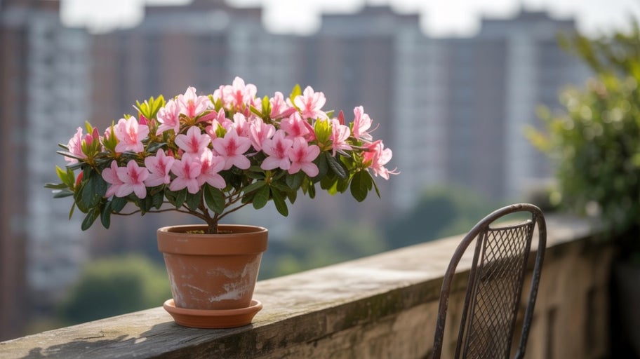 Azalee în ghiveci de teracotă pe balcon