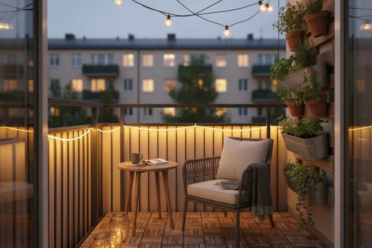 Balcon primitor cu plăci din lemn, ghirlandă luminoasă, tub luminos pe balustradă, fotoliu cu perne, masă din lemn și grădină verticală.