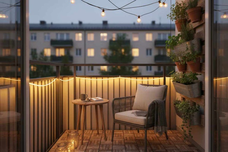 Balcon primitor cu plăci din lemn, ghirlandă luminoasă, tub luminos pe balustradă, fotoliu cu perne, masă din lemn și grădină verticală.