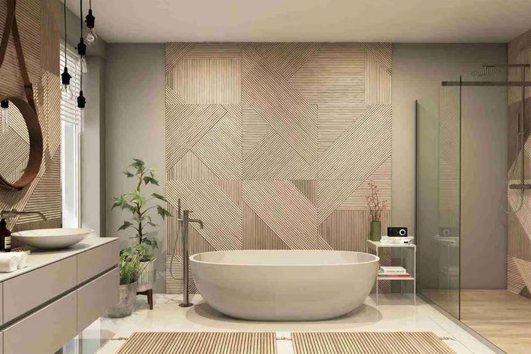 Baie modernă cu cadă de sine stătătoare, faianță cu model geometric, cabină de duș și mobilier pentru lavoar minimalist.