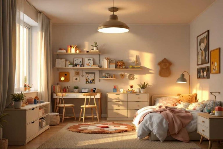 Cameră de copii luminoasă, mobilată cu pat din lemn, birou, două scaune, comode, rafturi de perete și iluminare caldă.