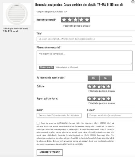 Formular de evaluare pentru o grilă de ventilație din plastic