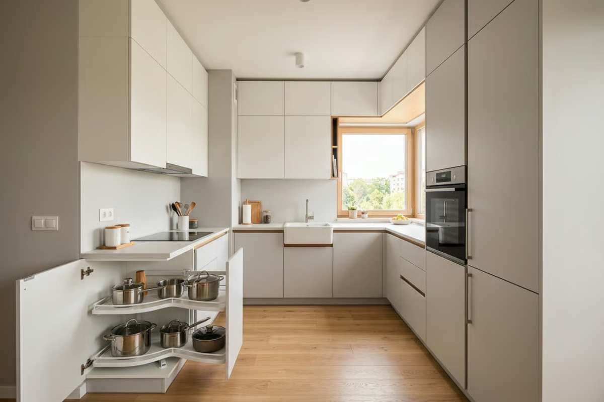 Bucătărie modernă, luminoasă, cu dulapuri minimaliste, pardoseală din lemn și un sistem extractibil pentru colț cu oale din inox.