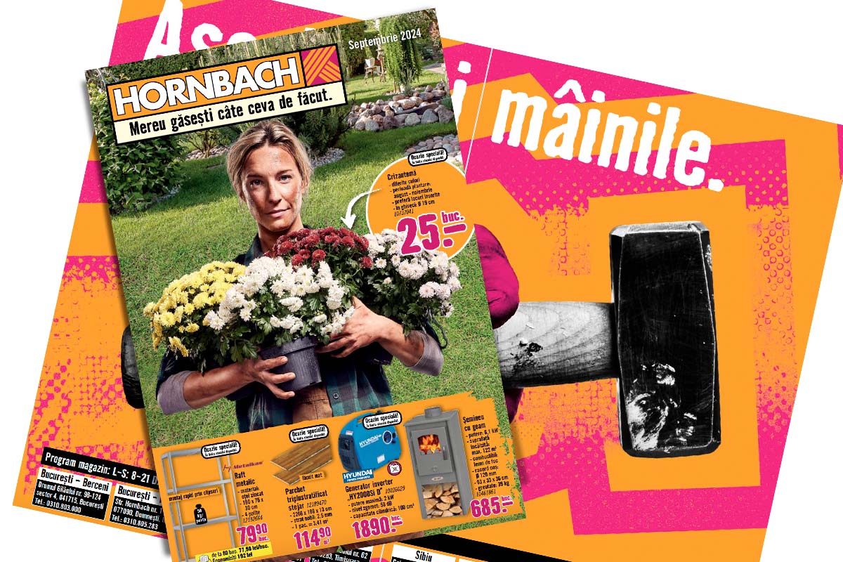 Publicitate Hornbach septembrie 2024 cu o femeie care poartă crizanteme, rafturi, parchet, generator inverter și sobă