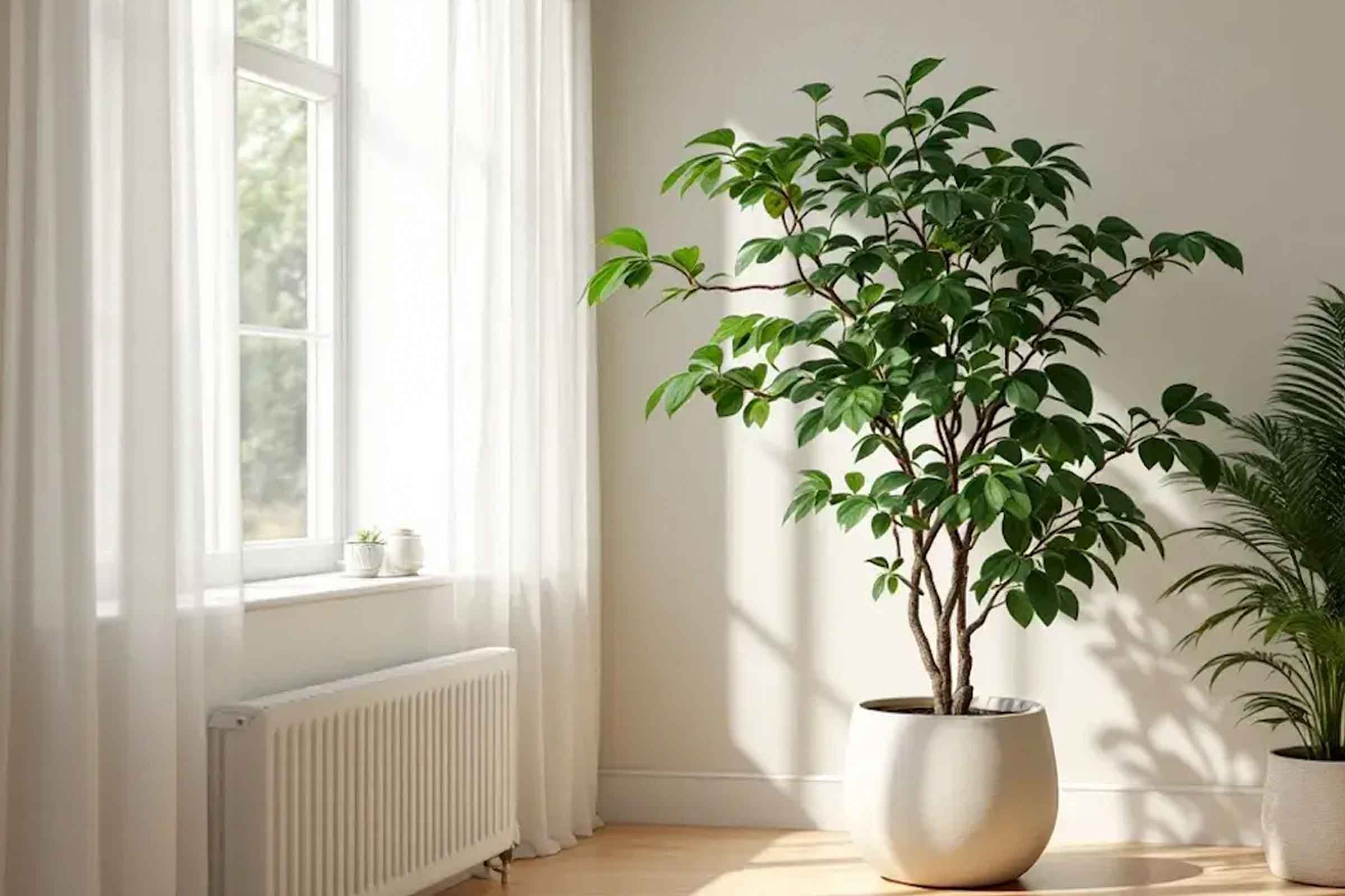 Cameră luminoasă cu plantă de interior în ghiveci lângă o fereastră cu perdele