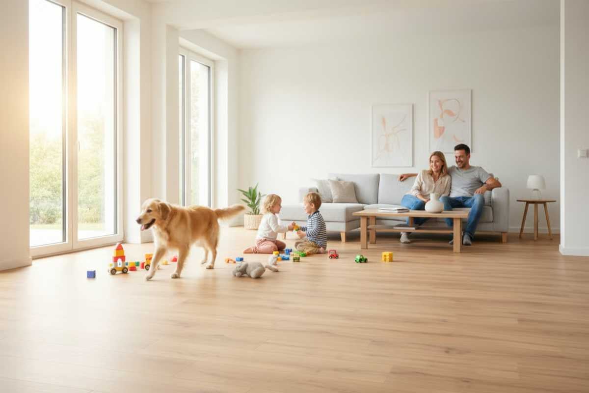 Cameră de zi luminoasă cu podea laminată, familie și copii care se joacă