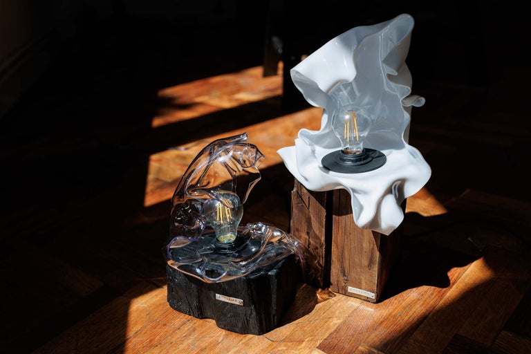 Două lămpi de masă decorative cu becuri pe o masă din lemn