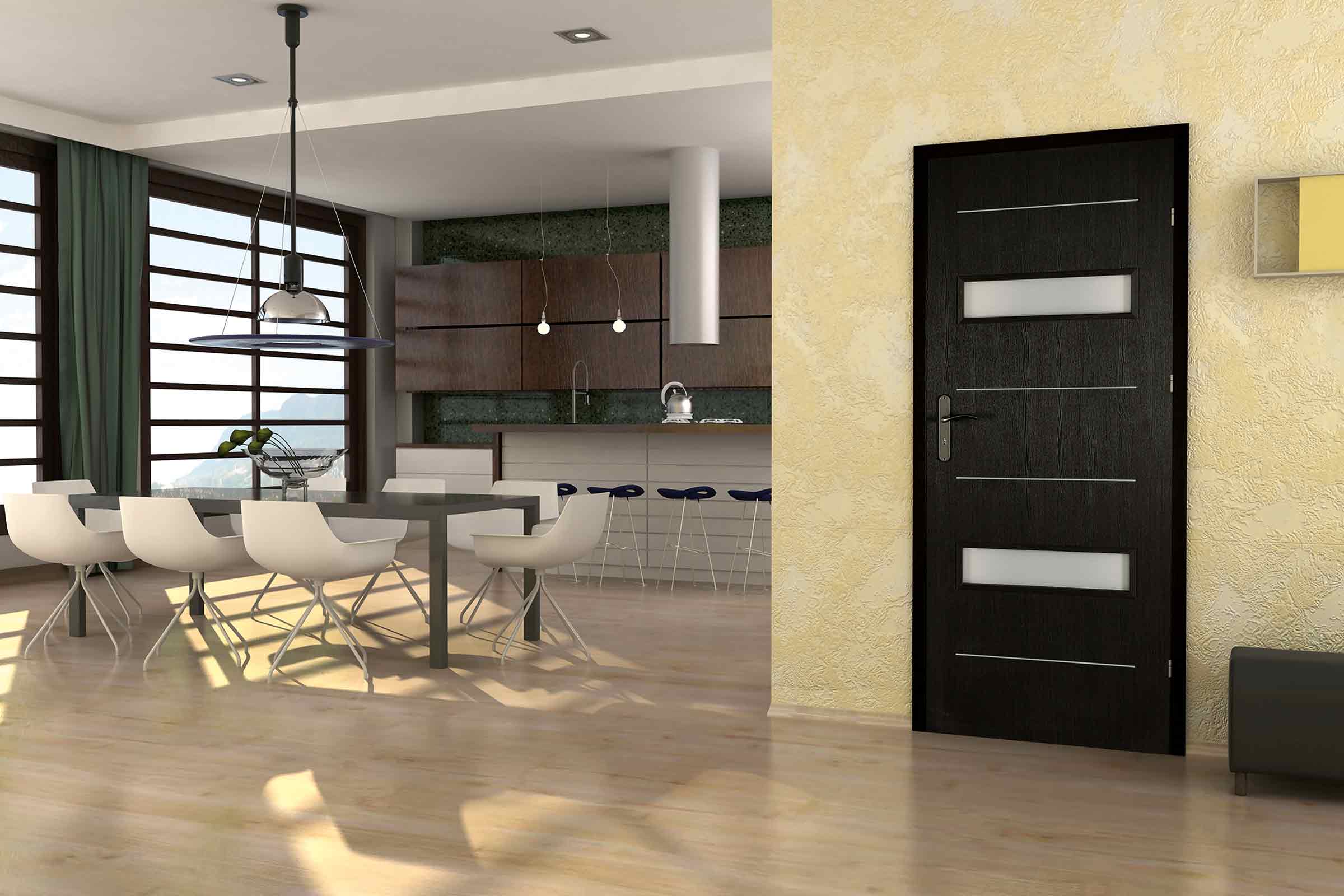 Design interior modern cu masă de sufragerie, bucătărie și ușă interioară cu inserții de sticlă