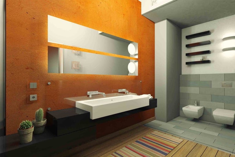 Baie cu lavoar, oglindă, toaletă și bideu