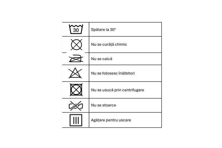 Simboluri de spălare: Spălare la 30 grade, a nu se curăța chimic, a nu se călca, a nu se folosi înălbitori, a nu se usca prin centrifugare, a nu se stoarce, agățare pentru uscare