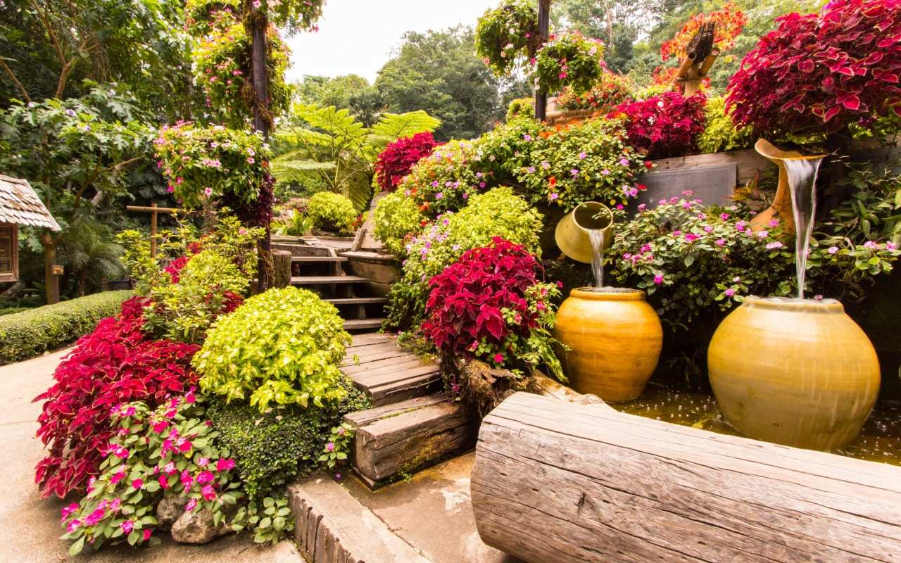 Grădină amenajată cu scară, cascadă și vegetație luxuriantă
